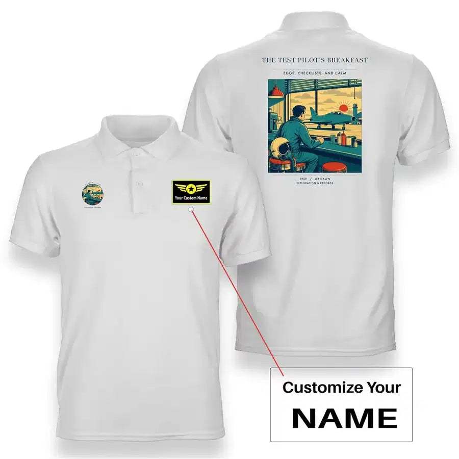 VINTAGE G4457 - The Test Pilot's Breakfast - Double-Side Polo T-Shirt design on white+name