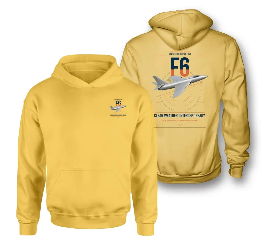 Hawker Hunter F6 design on yellow double-side hoodie, double-side print