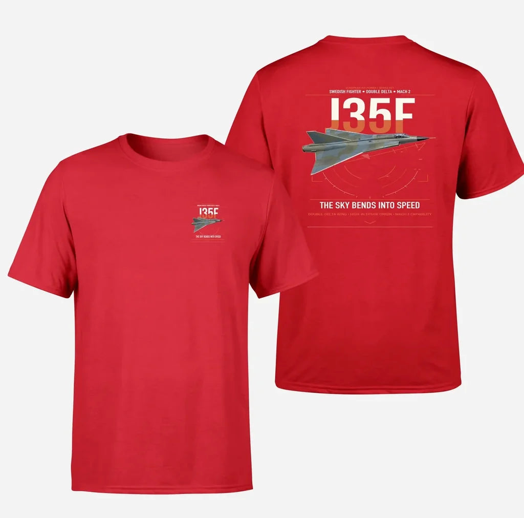 Saab J 35F Draken design on red t-shirt, double-side print