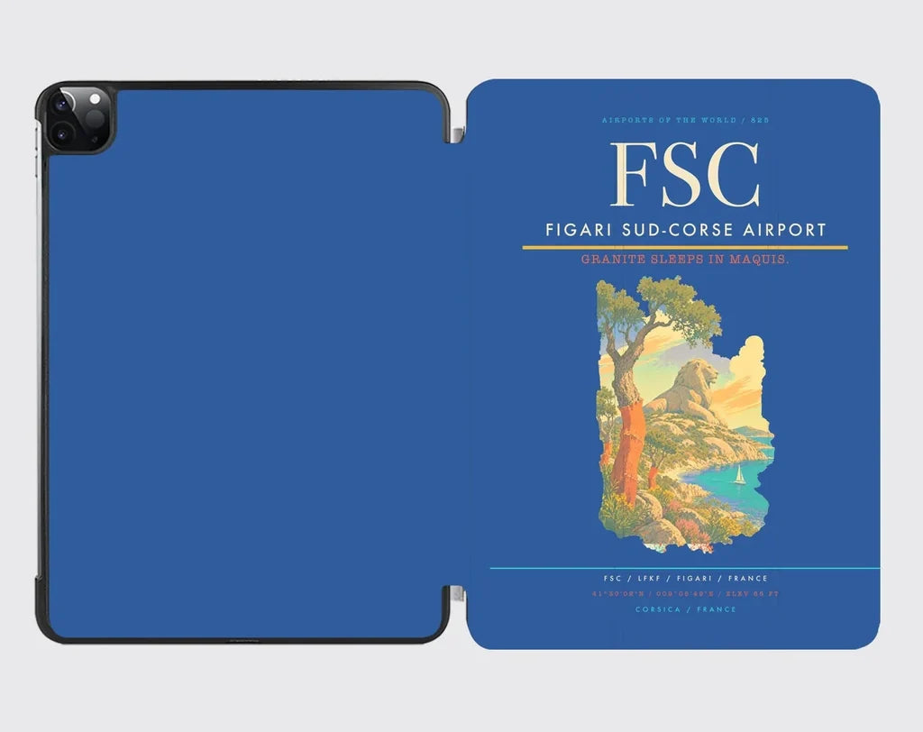 Figari Sud-Corse Airport (FSC) design on blue ipad tablet case