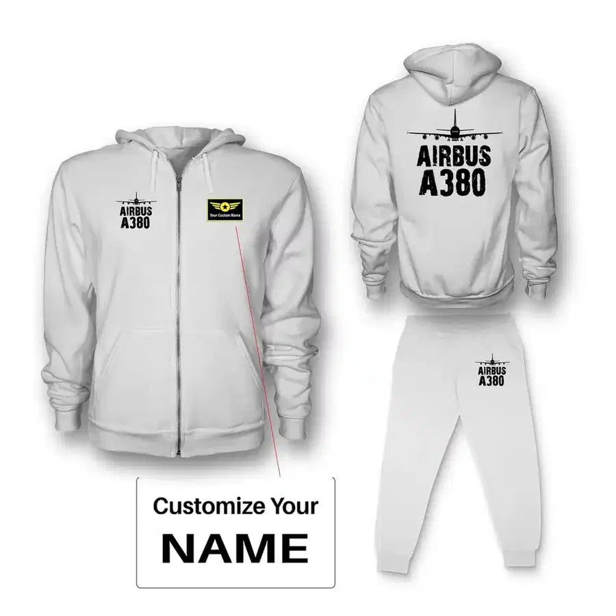 Airbus A380 & Plane Zipped Hoodie - White + Name (Customizable)