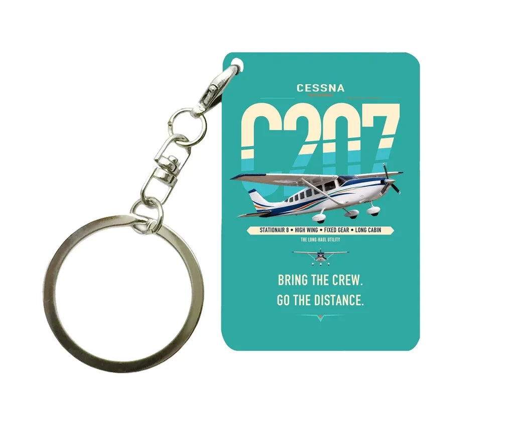 Cessna T207A Stationair 8 design on turquoise designed key chain, double-side print