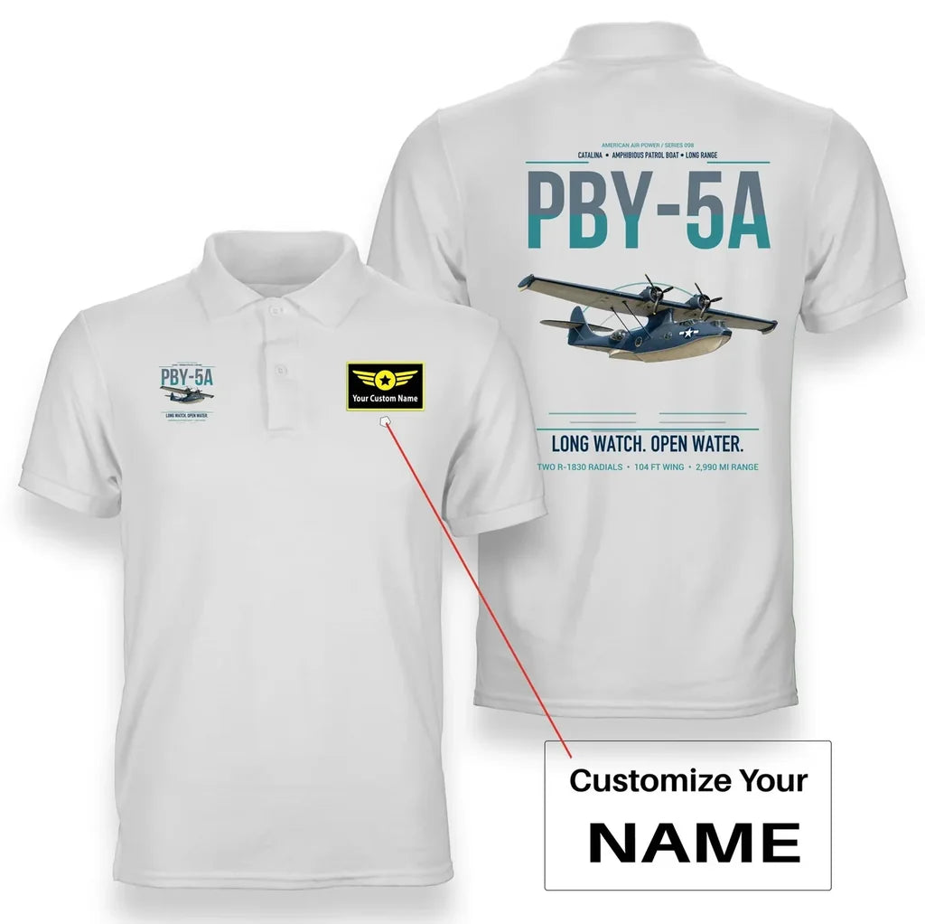 PBY-5A Catalina design on white+name double-side polo t-shirt, double-side print