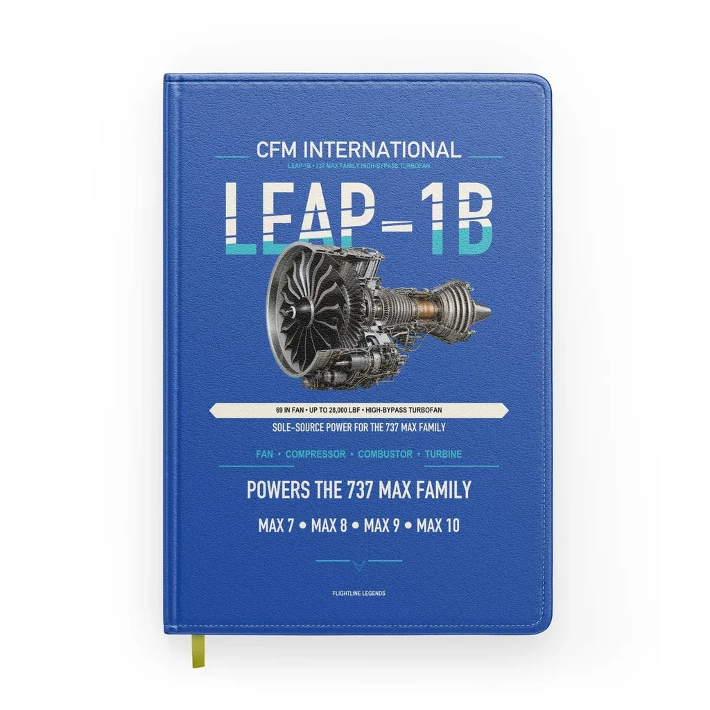 CFM LEAP-1B design on blue notebook