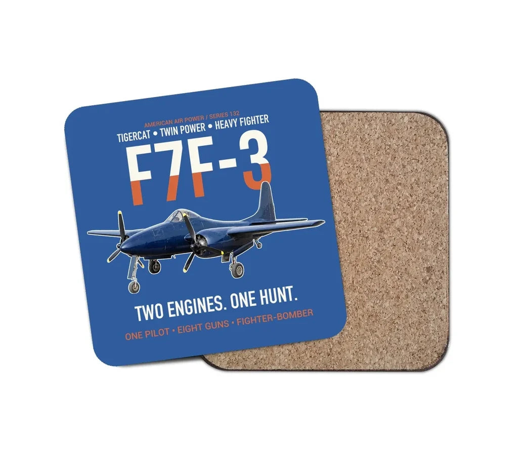 F7F-3 Tigercat Two Engines One Hunt design on blue 1 piece coaster