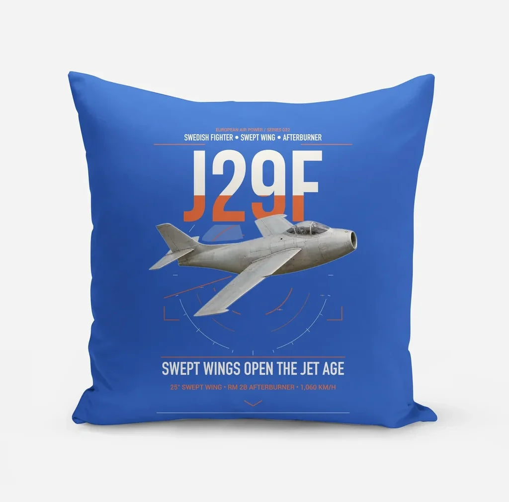 Saab J 29F Tunnan design on blue pillow