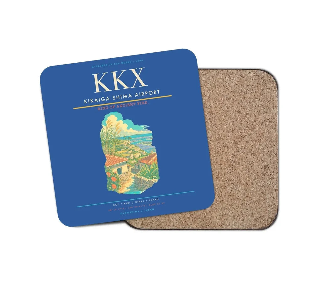 Kikaiga Shima Airport (KKX) design on blue 1 piece coaster