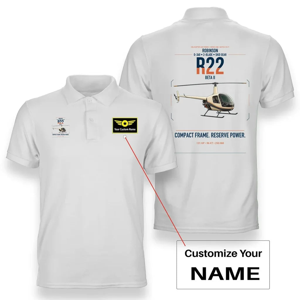 Robinson R22 Beta II design on white+name double-side polo t-shirt, double-side print