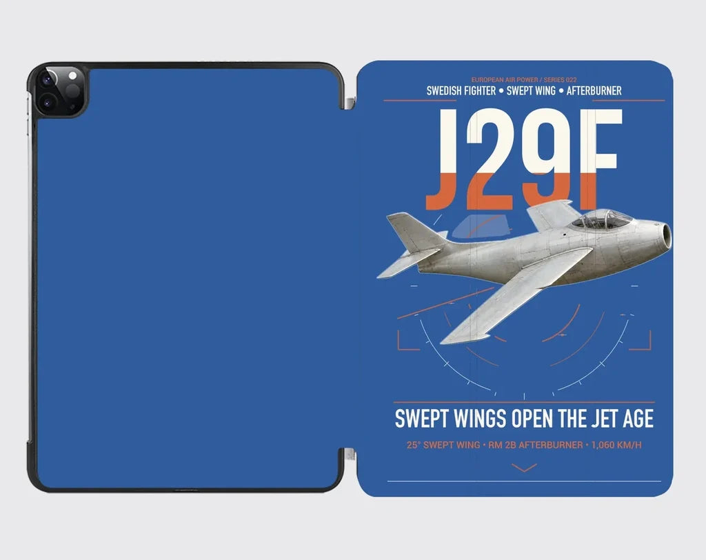Saab J 29F Tunnan design on blue ipad tablet case