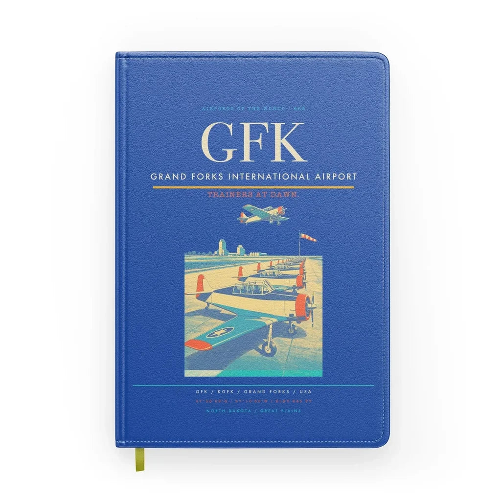 Grand Forks International Airport (GFK) design on blue notebook