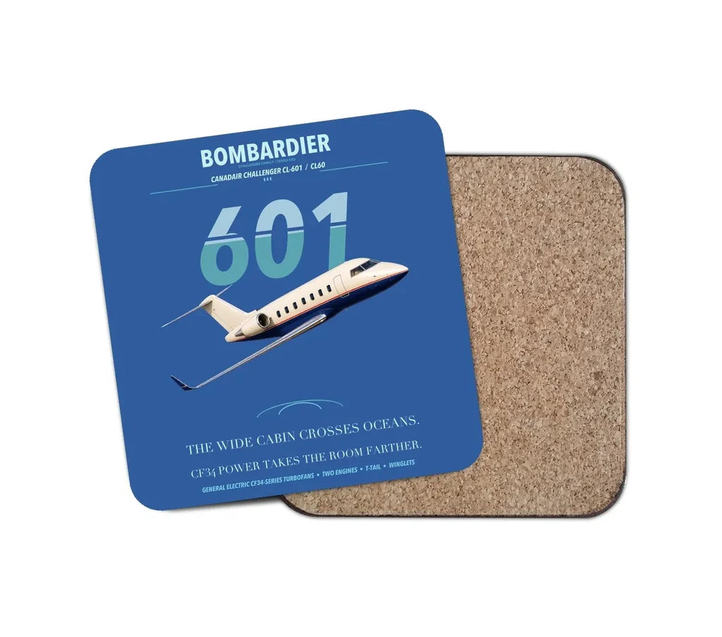 Bombardier Challenger 601 design on blue 1 piece coaster