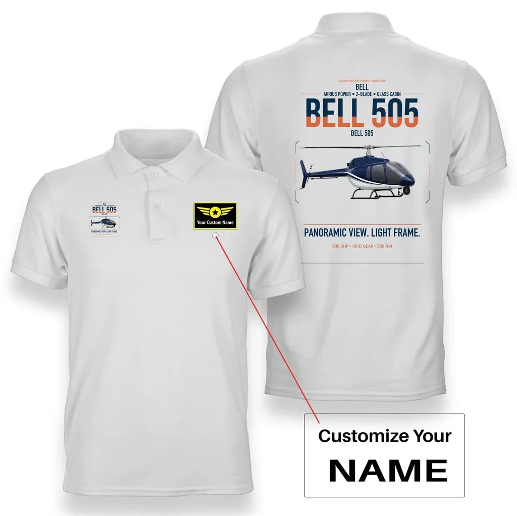 Bell 505 design on white+name double-side polo t-shirt, double-side print