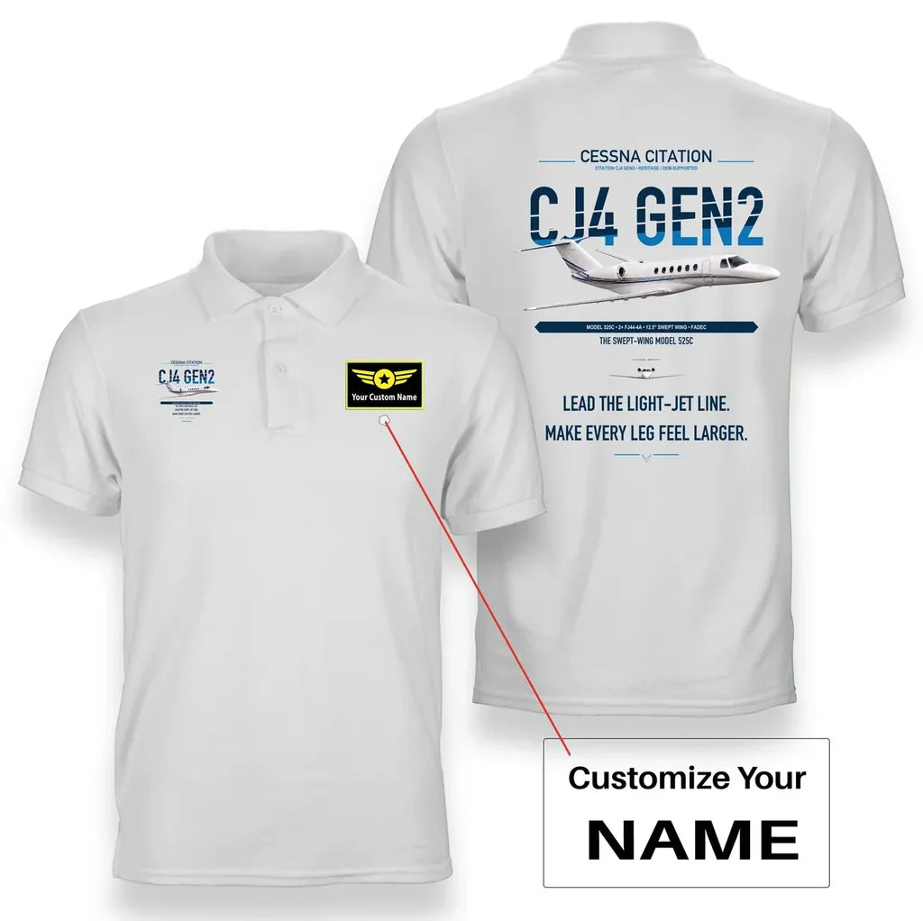 Cessna Citation CJ4 Gen2 design on white+name double-side polo t-shirt, double-side print