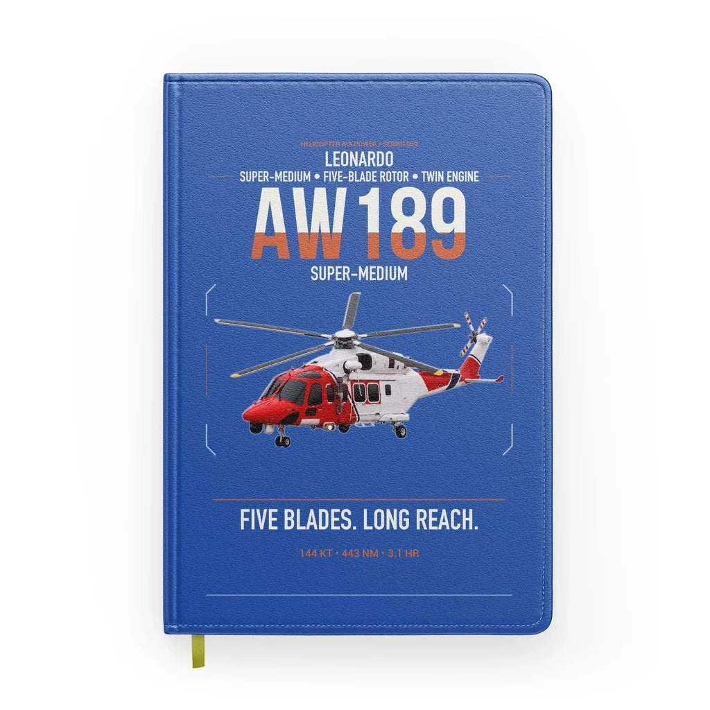 Leonardo AW189 design on blue notebook