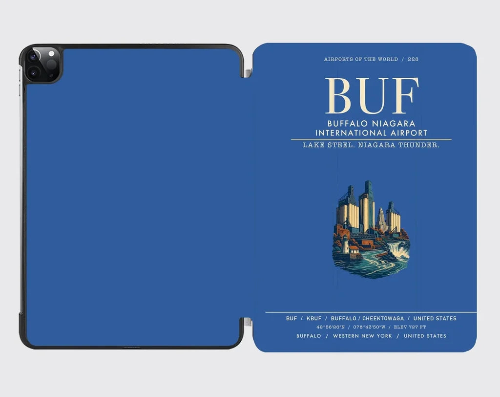 Buffalo Niagara International Airport (BUF) design on blue ipad tablet case