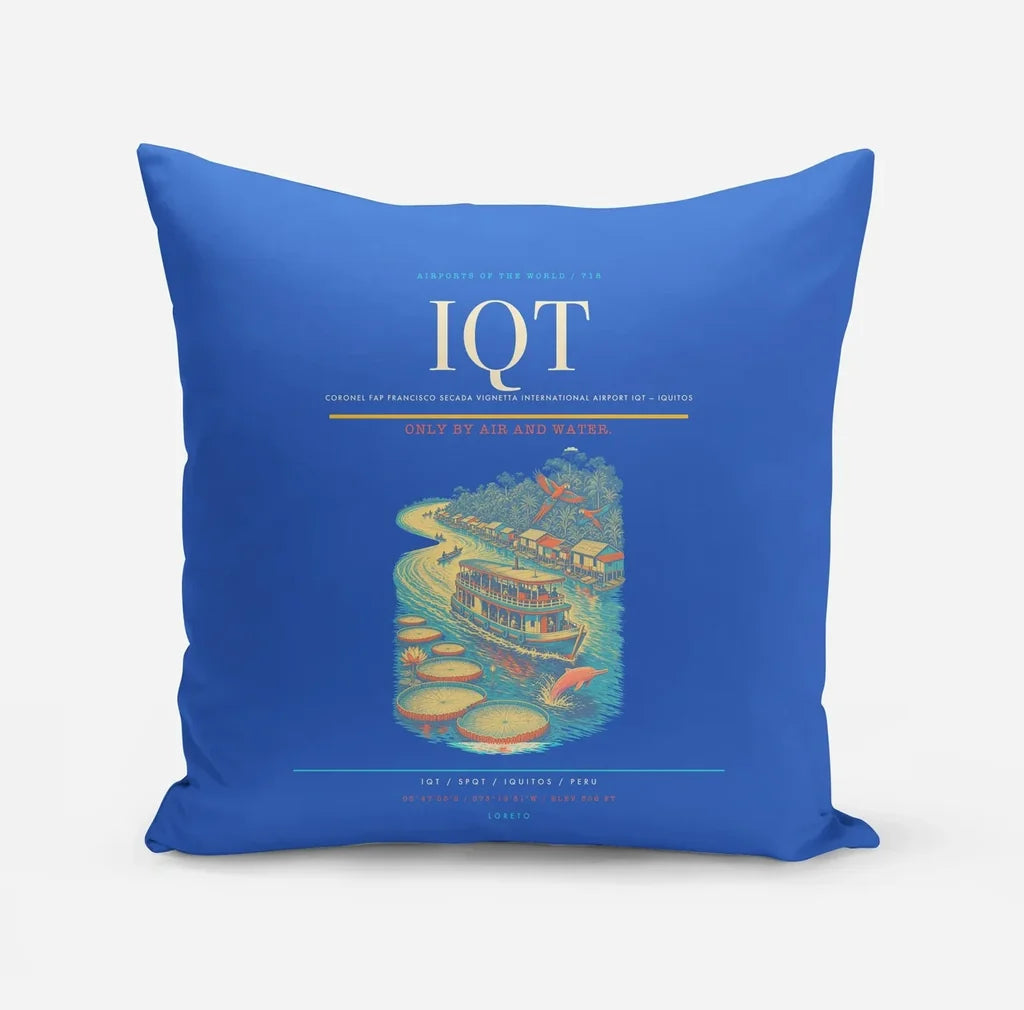 Coronel FAP Francisco Secada Vignetta International Airport (IQT) design on blue pillow