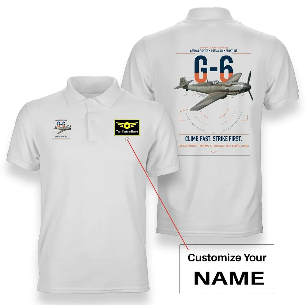 Messerschmitt Bf 109G-6 design on white+name double-side polo t-shirt, double-side print