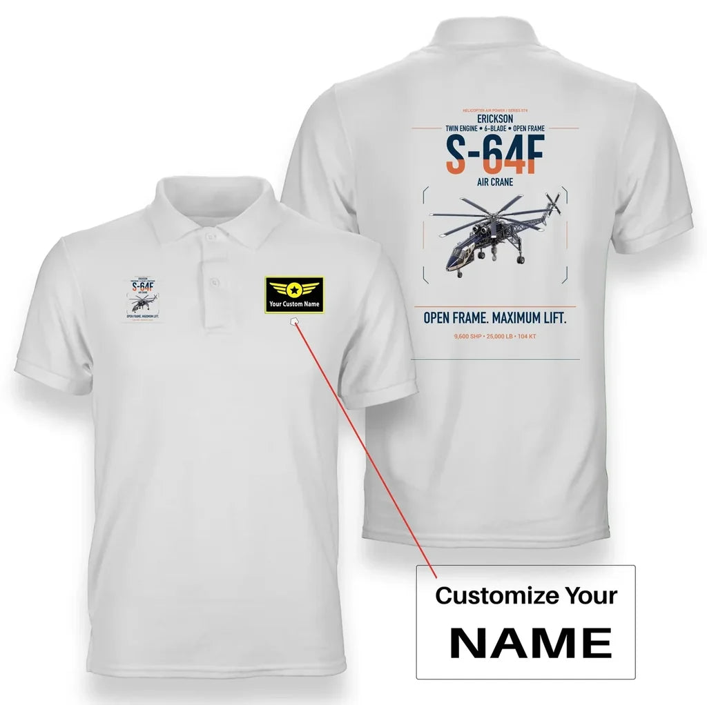 Erickson S-64F Air Crane design on white+name double-side polo t-shirt, double-side print