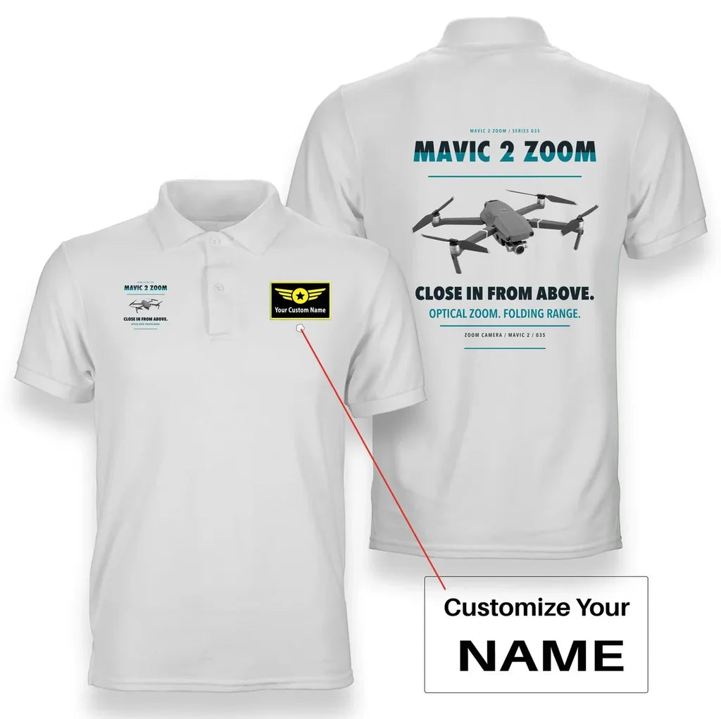 DJI Mavic 2 Zoom design on white polo with custom name badge