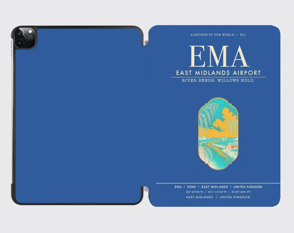 East Midlands Airport (EMA) design on blue ipad tablet case