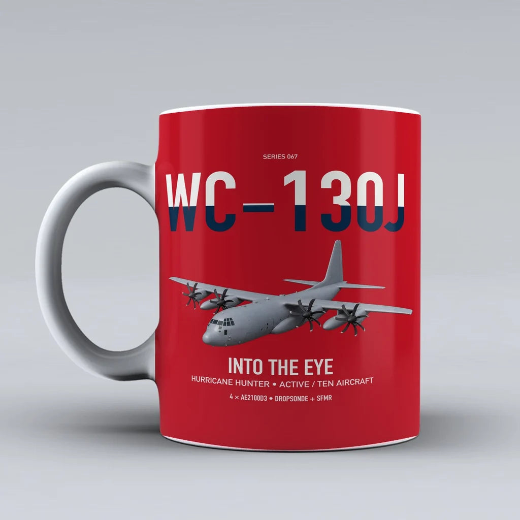 WC-130J Hurricane Hunter design on red ceramic mug, double-side print