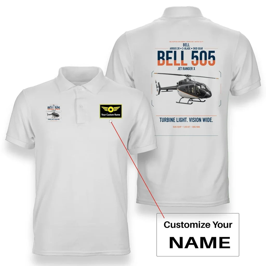 Bell 505 Jet Ranger X design on white+name double-side polo t-shirt, double-side print