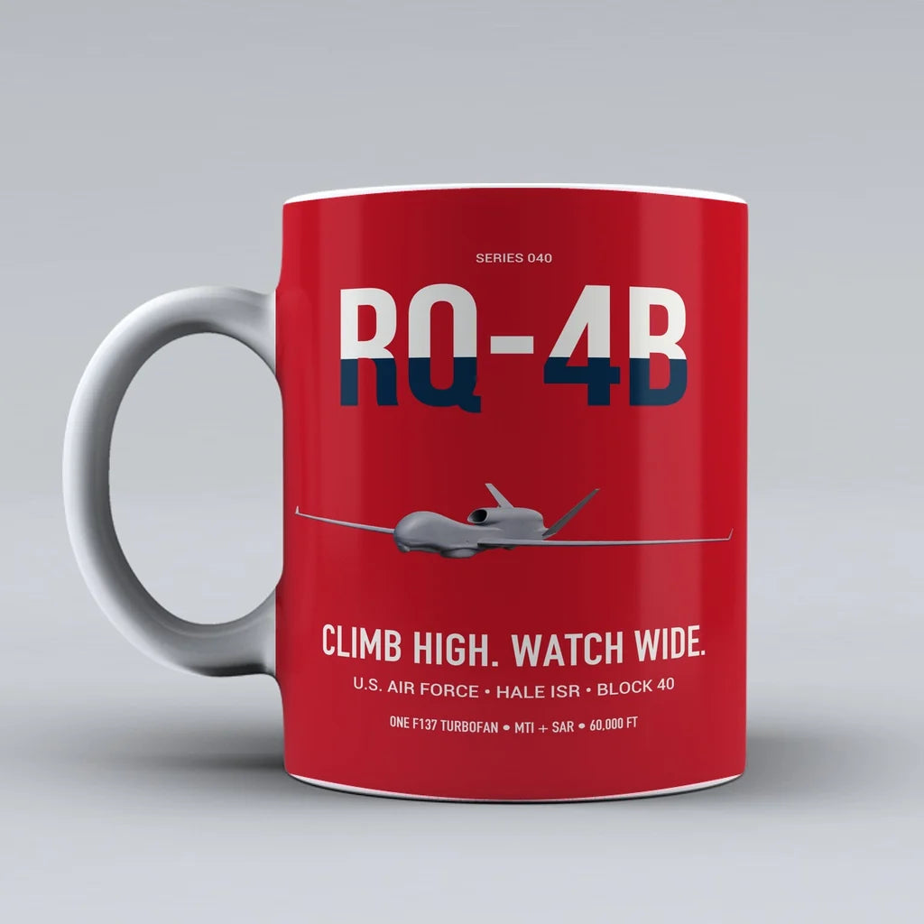RQ-4B Global Hawk design on red ceramic mug, double-side print