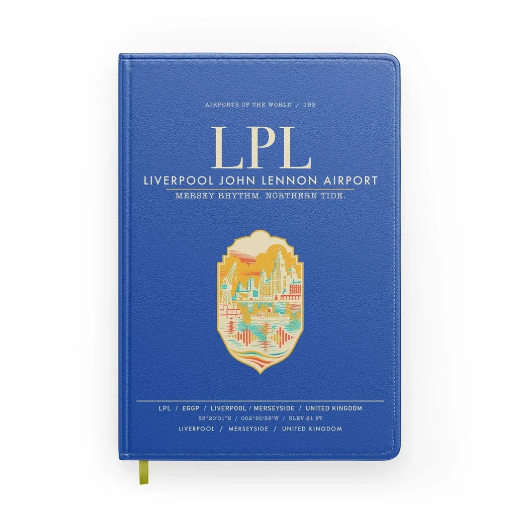 Liverpool John Lennon Airport (LPL) design on blue notebook