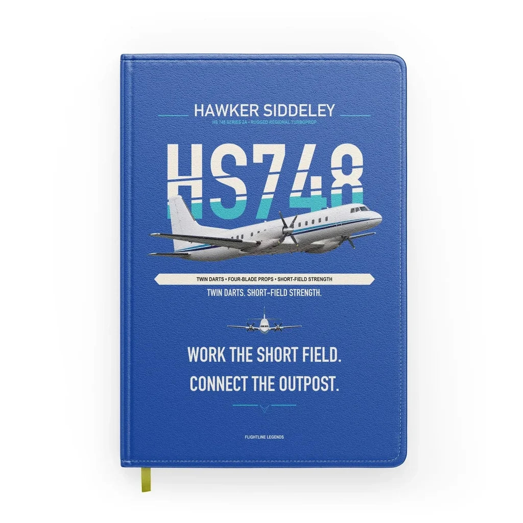 Hawker Siddeley HS 748 Series 2A design on blue notebook