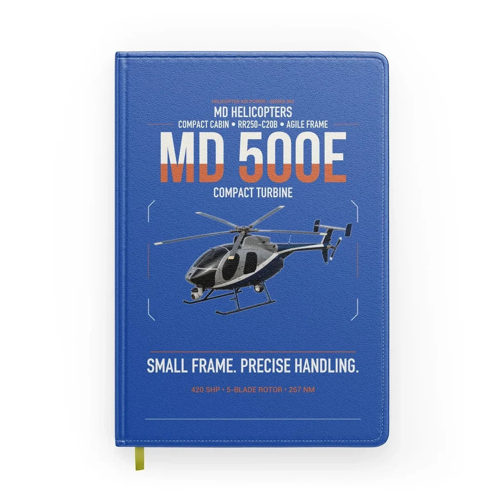MD Helicopters MD 500E design on blue notebook