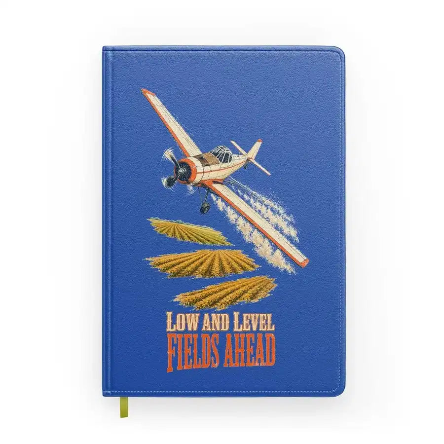 Low And Level Fields Ahead design on blue notebook