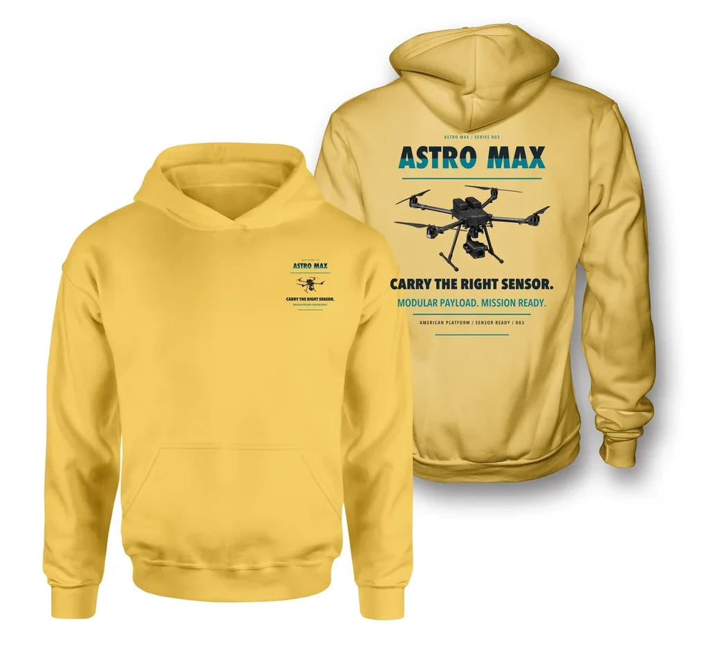 Freefly Astro Max design on yellow hoodie