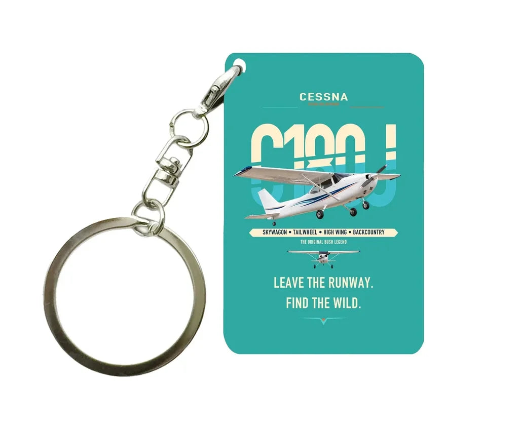 Cessna 180J Skywagon design on turquoise designed key chain, double-side print