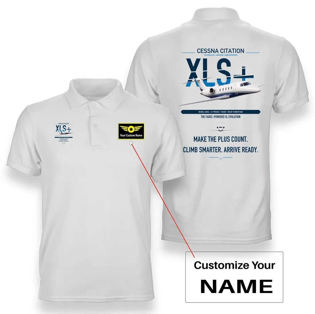 Cessna Citation XLSPlus design on white+name double-side polo t-shirt, double-side print