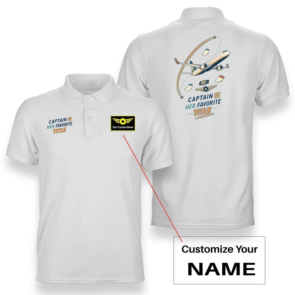 SIGNAL 577 - Captain Is Her Favorite Title - Double-Side Polo design on white double side polo with custom name badge