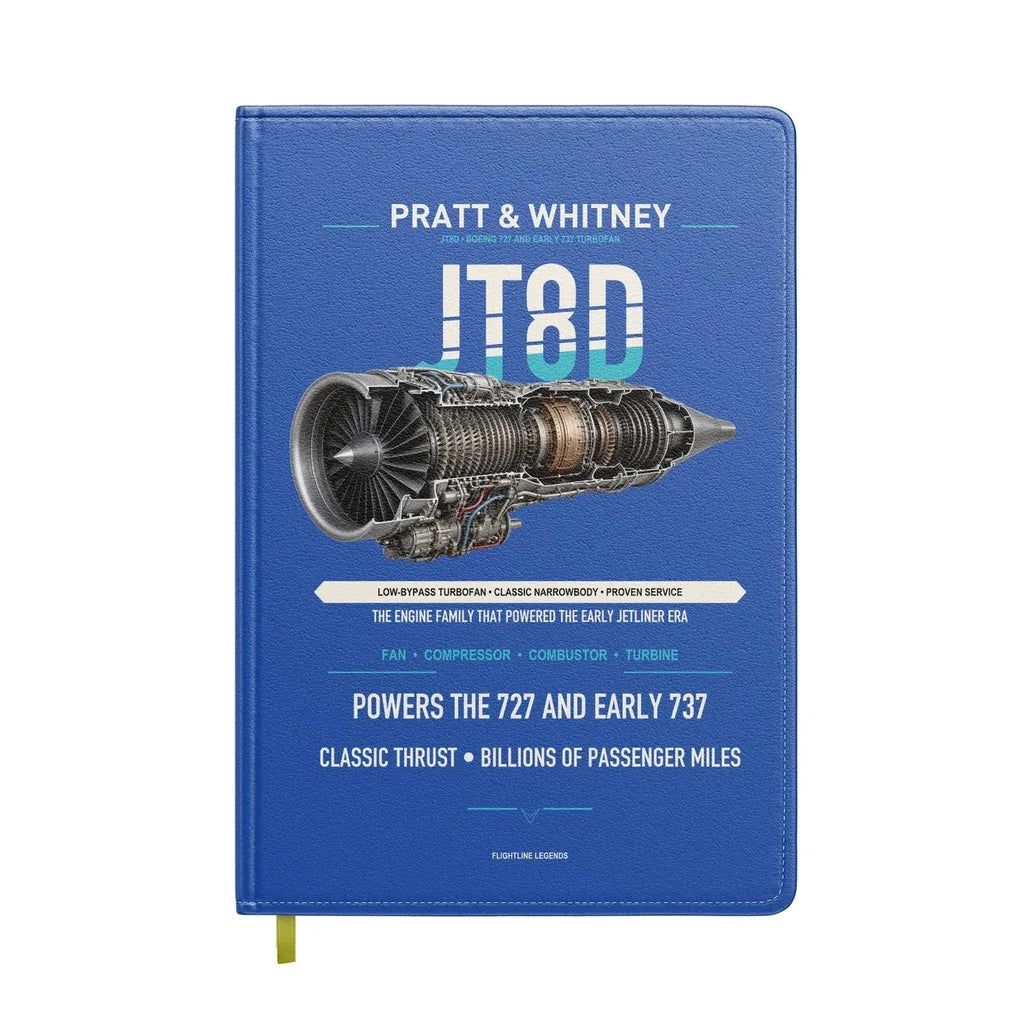 JT8D design on blue notebook