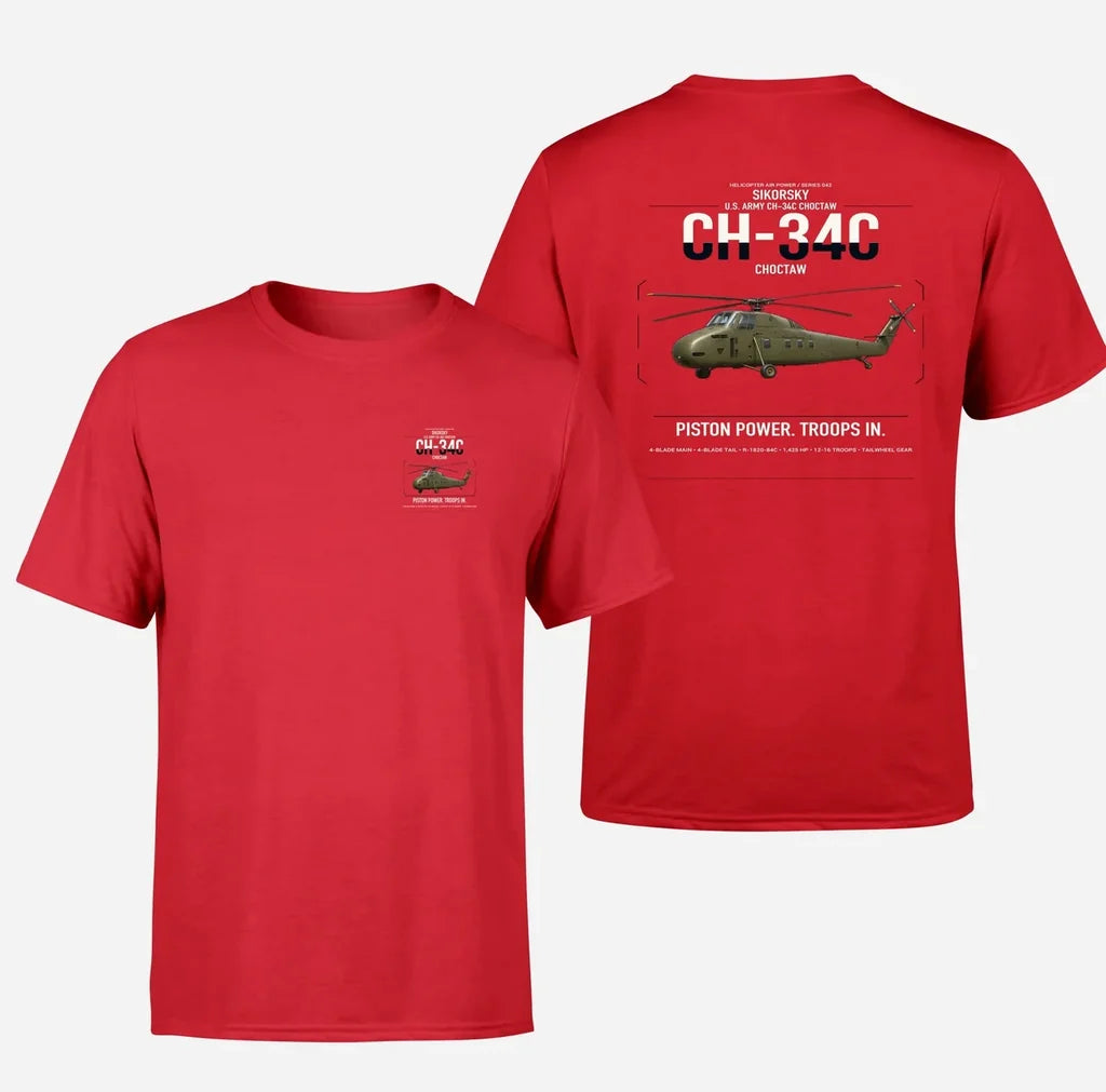 Sikorsky CH-34C Choctaw design on red t-shirt, double-side print