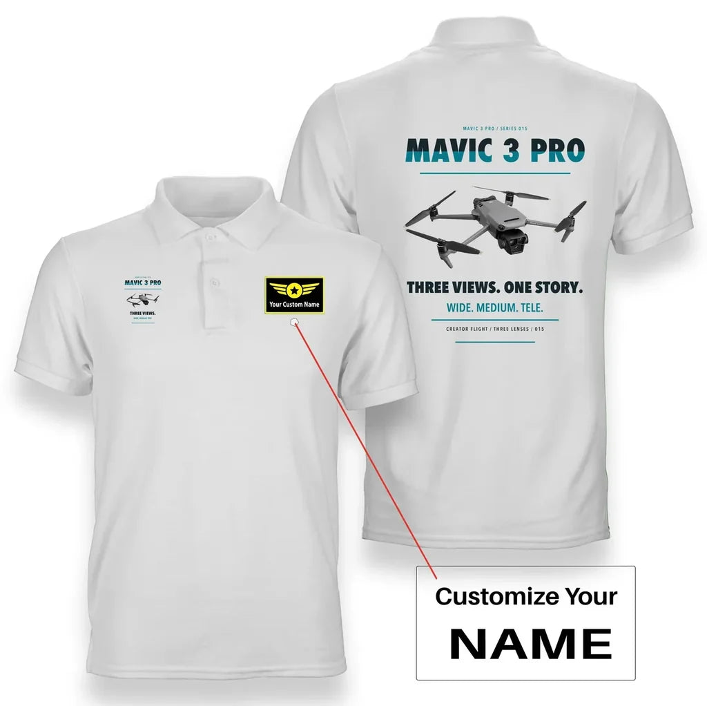 DJI Mavic 3 Pro design on white polo with custom name badge