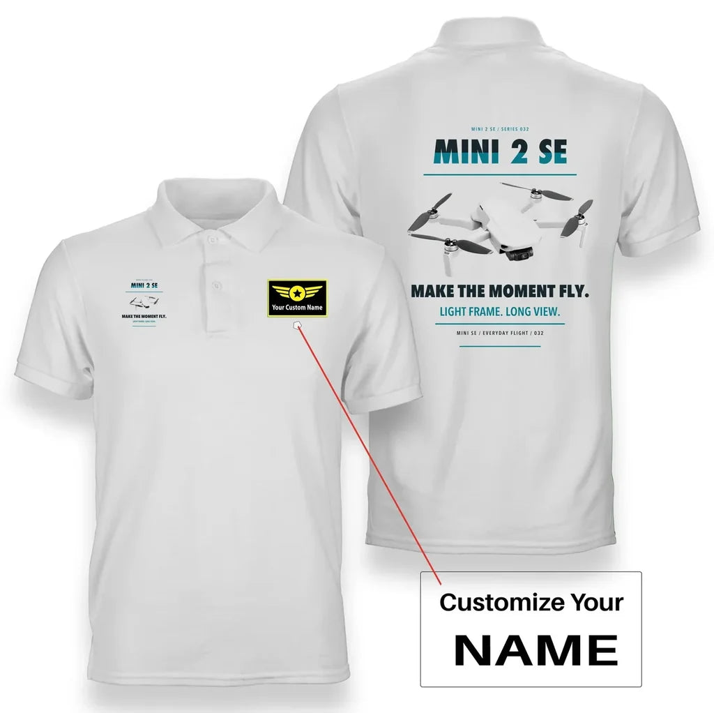 DJI Mini 2 SE design on white polo with custom name badge