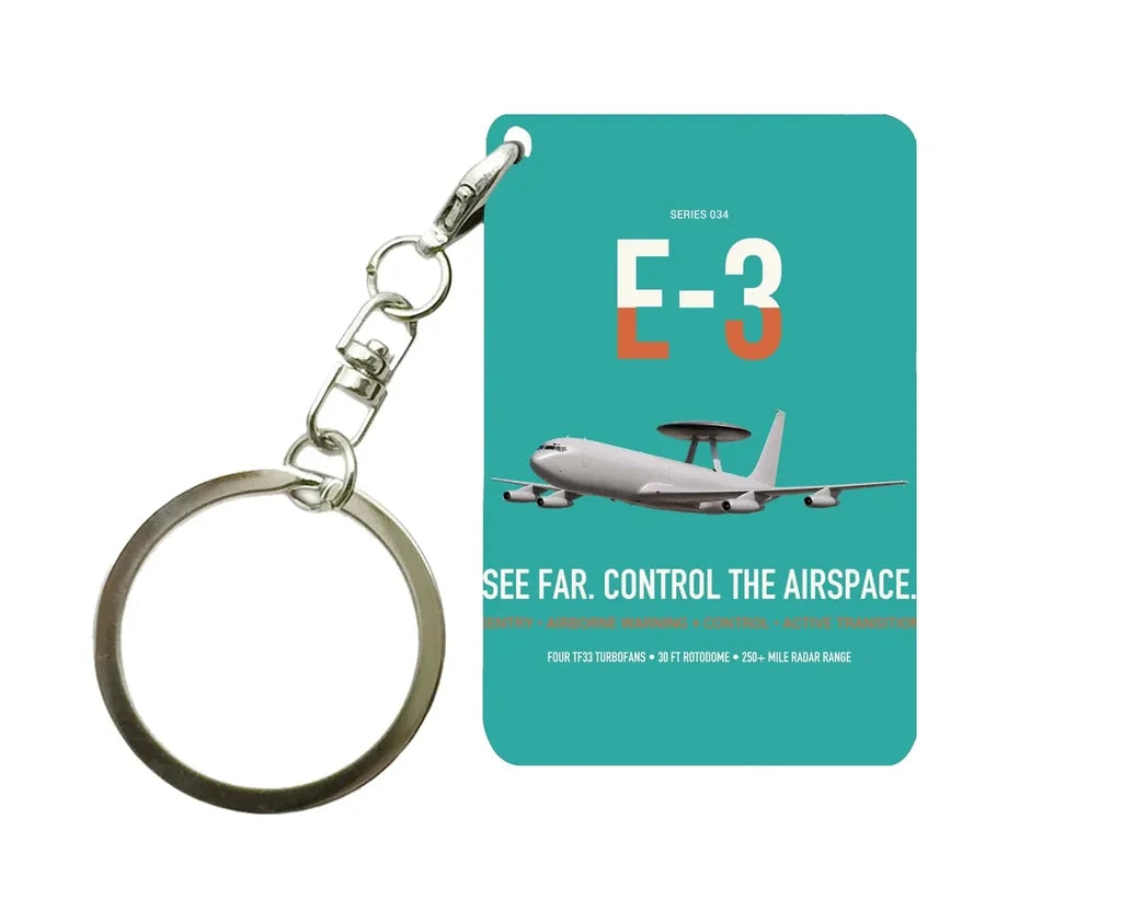 E-3 Sentry AWACS design on turquoise designed key chain, double-side print