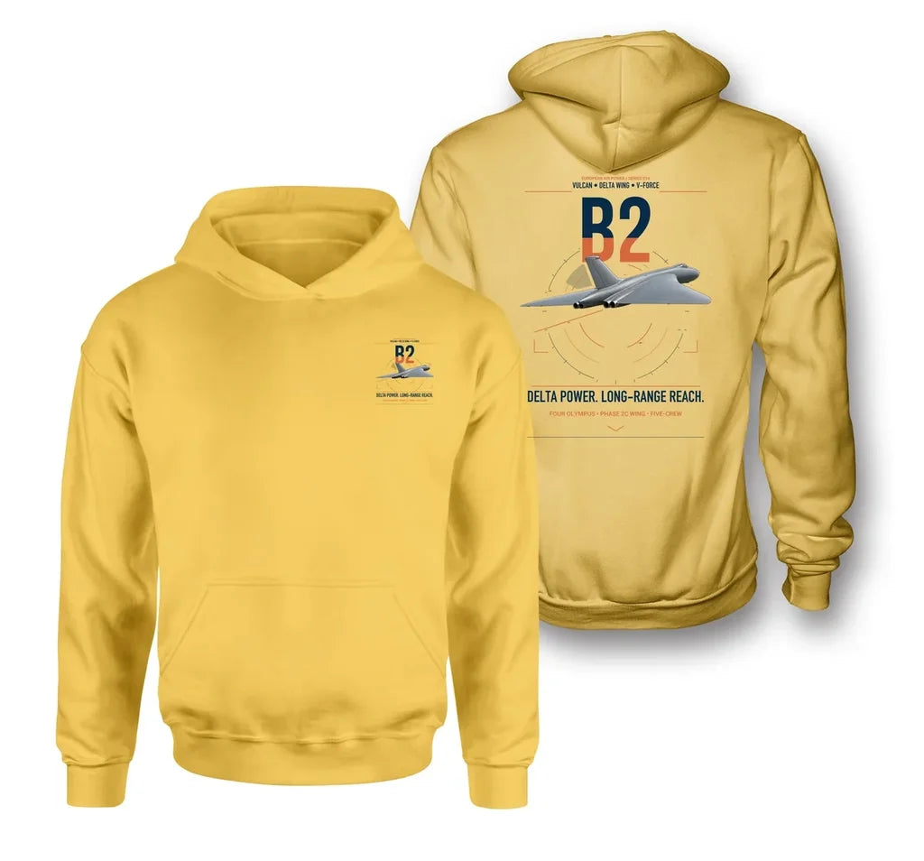 Avro Vulcan B2 design on yellow double-side hoodie, double-side print