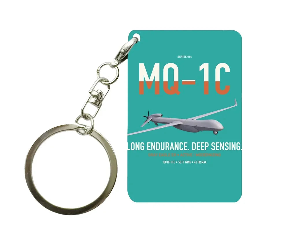 MQ-1C Gray Eagle ER design on turquoise designed key chain, double-side print