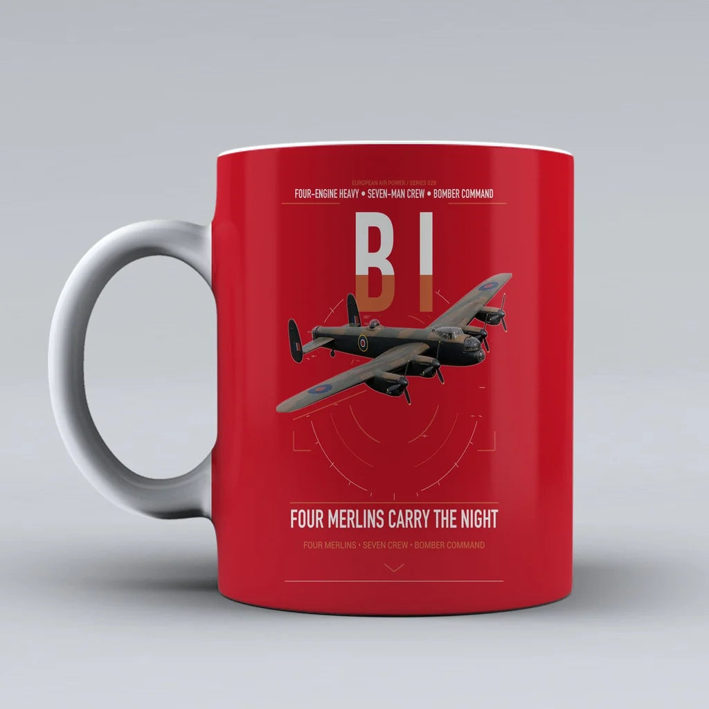 Avro Lancaster B I design on red ceramic mug, double-side print