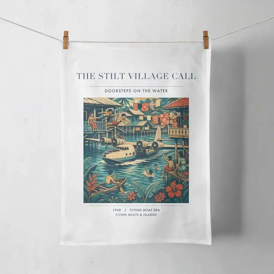 VINTAGE G4275 - The Stilt Village Call - Designed Towels design on white