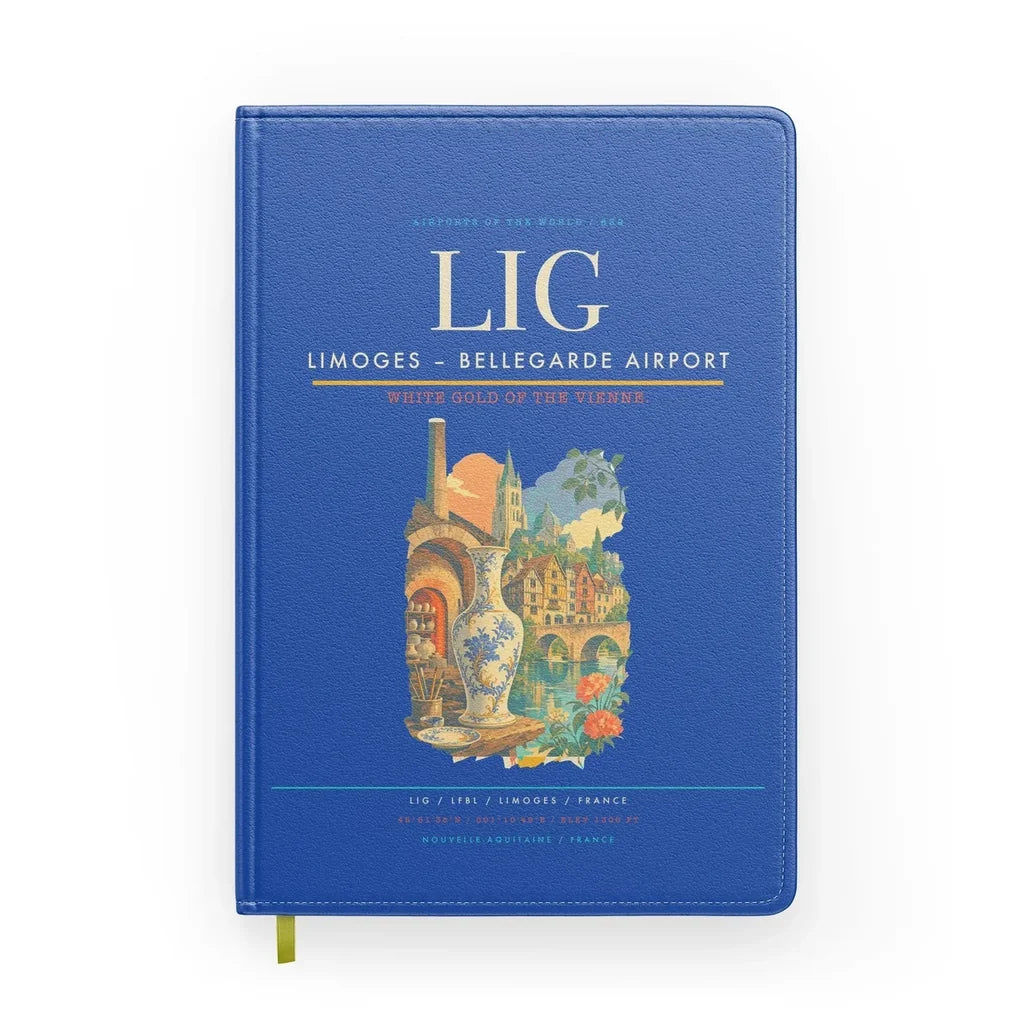 Limoges – Bellegarde Airport (LIG) design on blue notebook