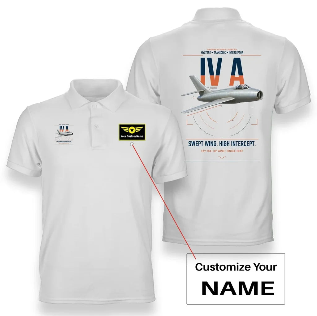 Dassault Mystère IV A design on white+name double-side polo t-shirt, double-side print