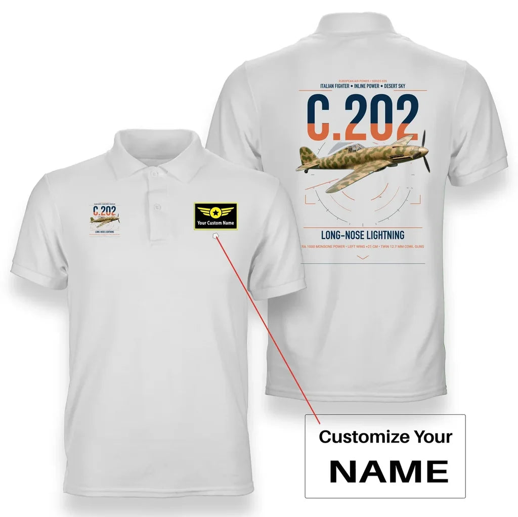 Macchi C.202 Folgore design on white+name double-side polo t-shirt, double-side print