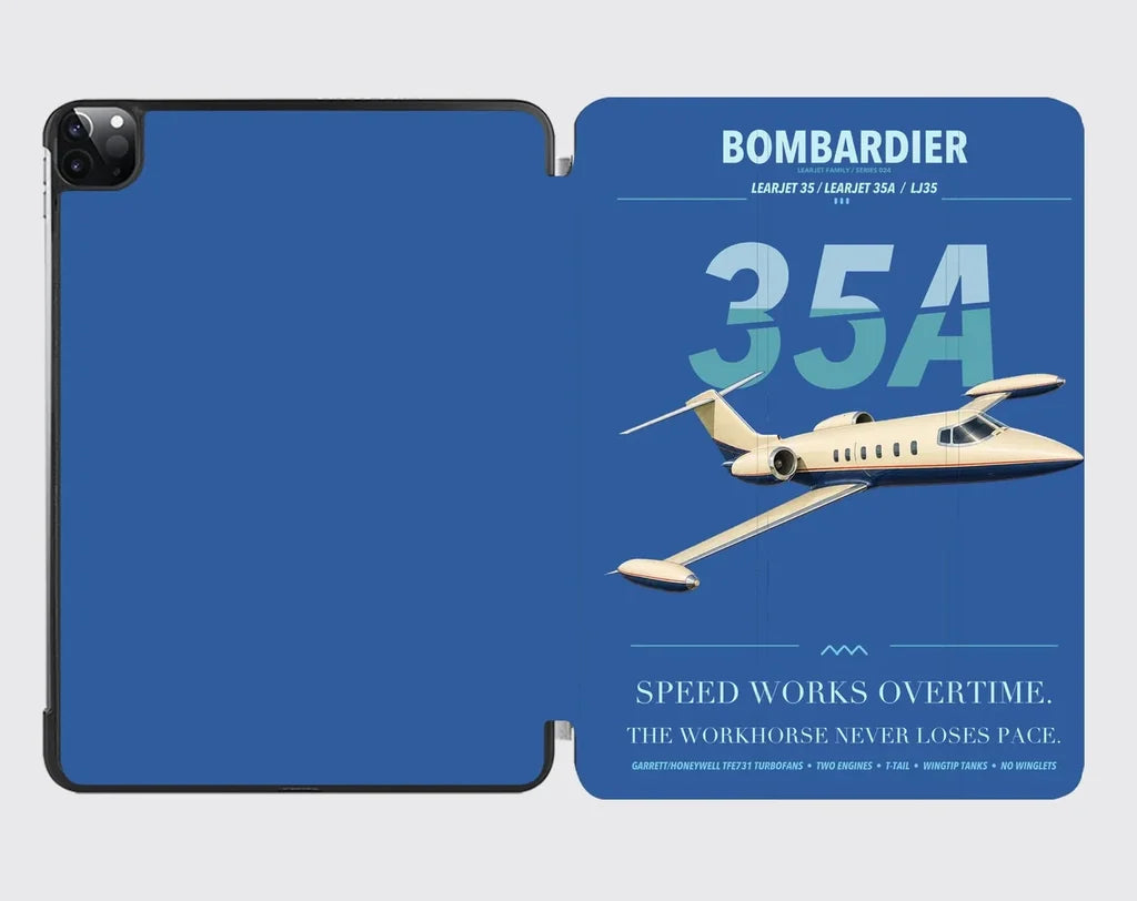Bombardier Learjet 35A design on blue ipad tablet case