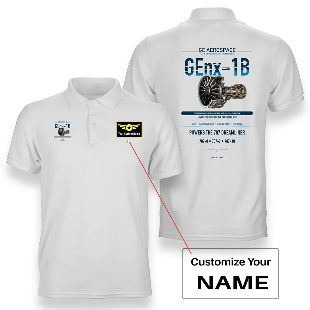 GEnx-1B design on white polo with custom name badge