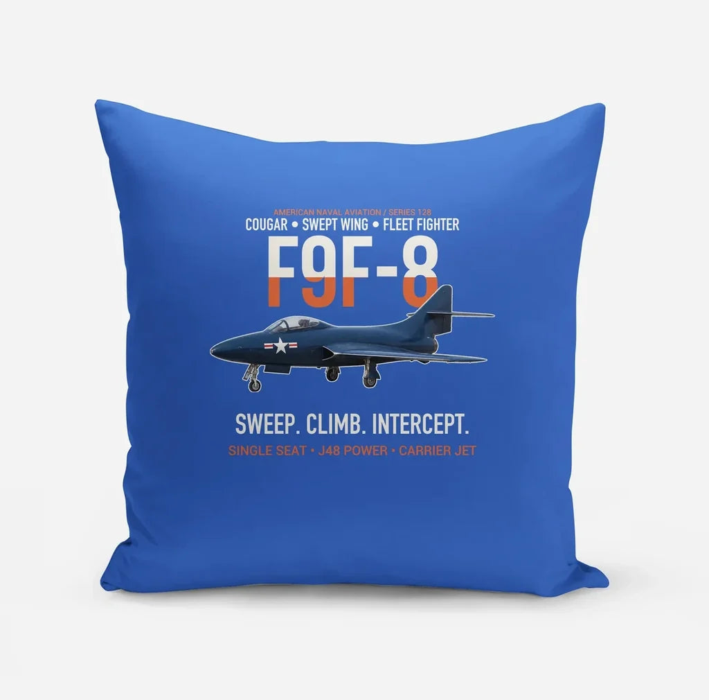 F9F-8 Cougar Swept Wing Carrier Fighter design on blue pillow